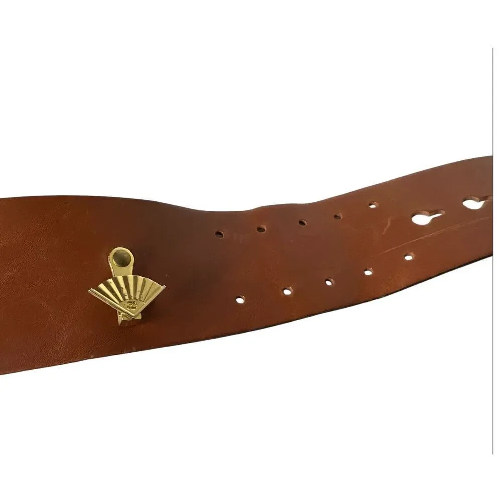 Karl Lagerfeld Vintage Wide Brown Leather Belt With Gold Fan 28-32”